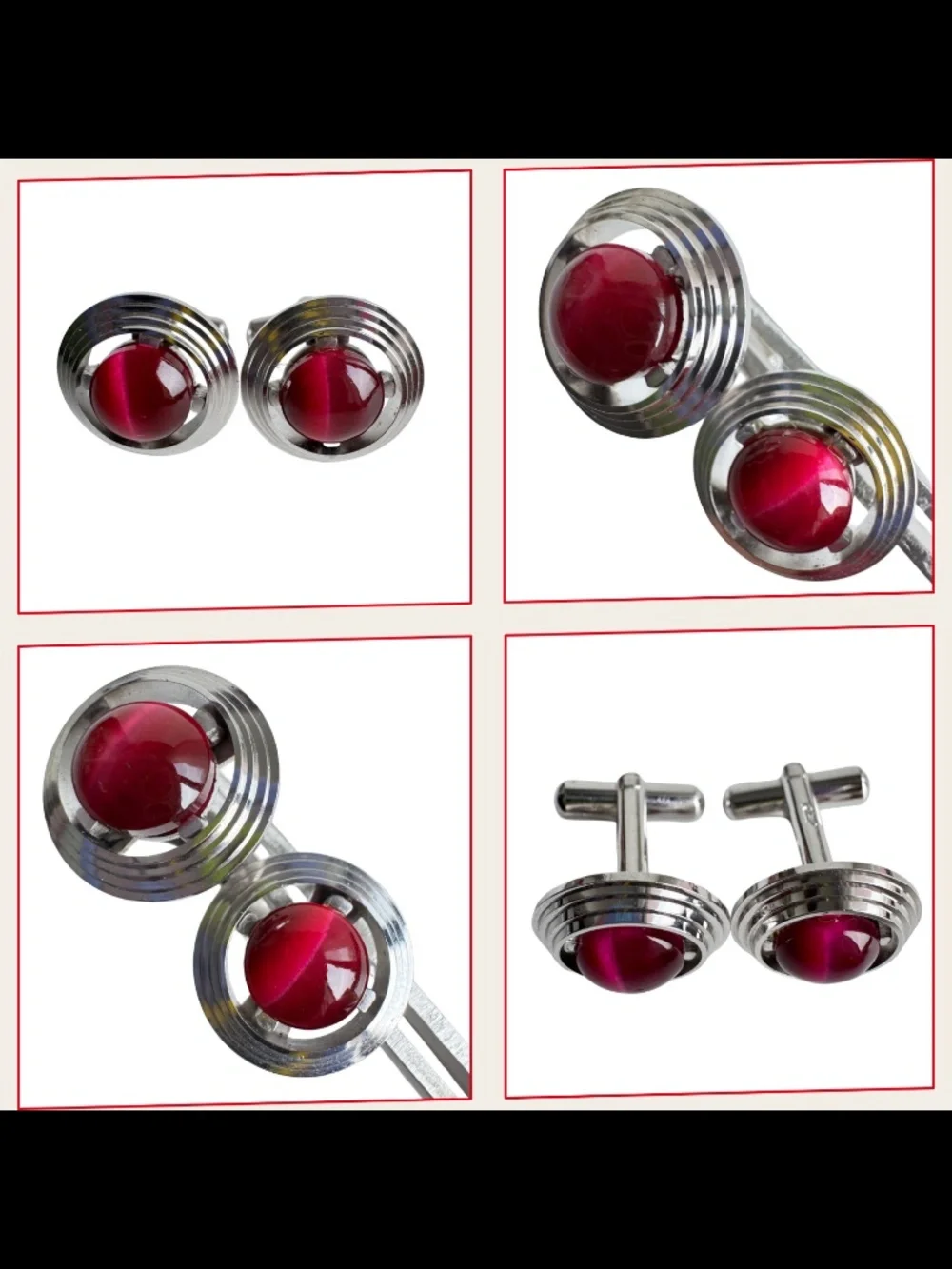 Vintage Red Oval Cufflinks Lot 5 Pairs Cabochon Mens Formal Jewelry Groom Gift